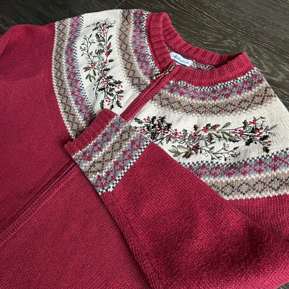 Croft & Barrow Womens Red Fair Isle Embroidered Zip Cardigan Petite L Nordic